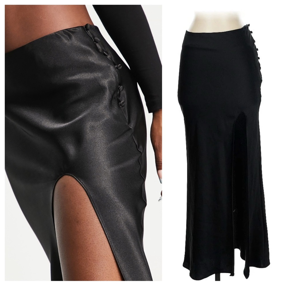 Topshop Black Satin Skirt w/ Button Detailing